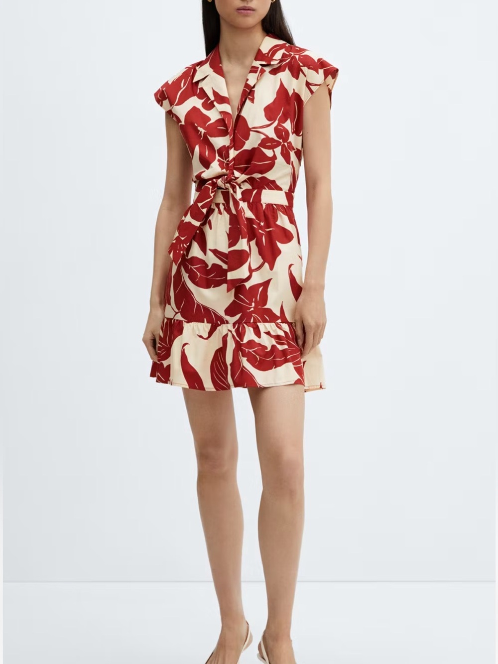 Mango Red Floral Tie-Front Mini Dress on Cream